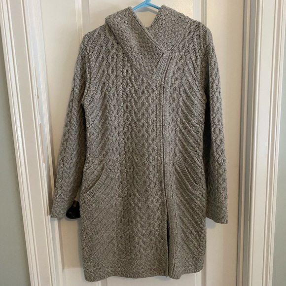 Aran Mor Sweaters - Aran Mor Made in Ireland Merino Wool Cable Knit Hooded Long Cardigan